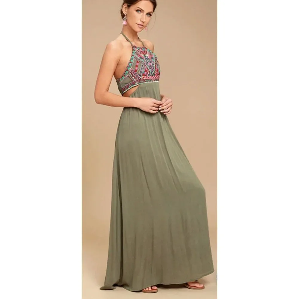 Lulus Little Beach Olive Green Lined Cutout‎ Embroidered Maxi Dress NWT L - Picture 2 of 15